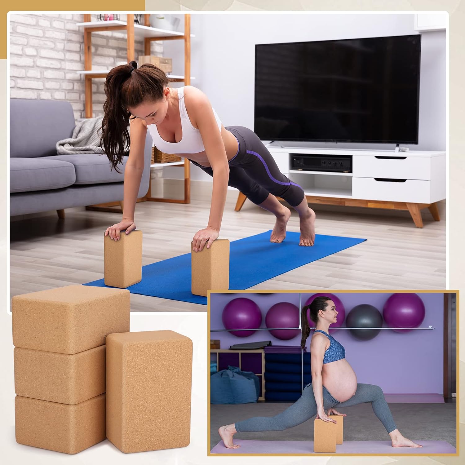 4 Pack Textured Natural Cork Non-Slip Yoga Blocks