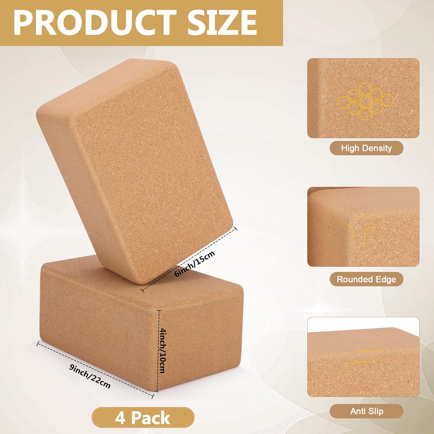 4 Pack Textured Natural Cork Non-Slip Yoga Blocks