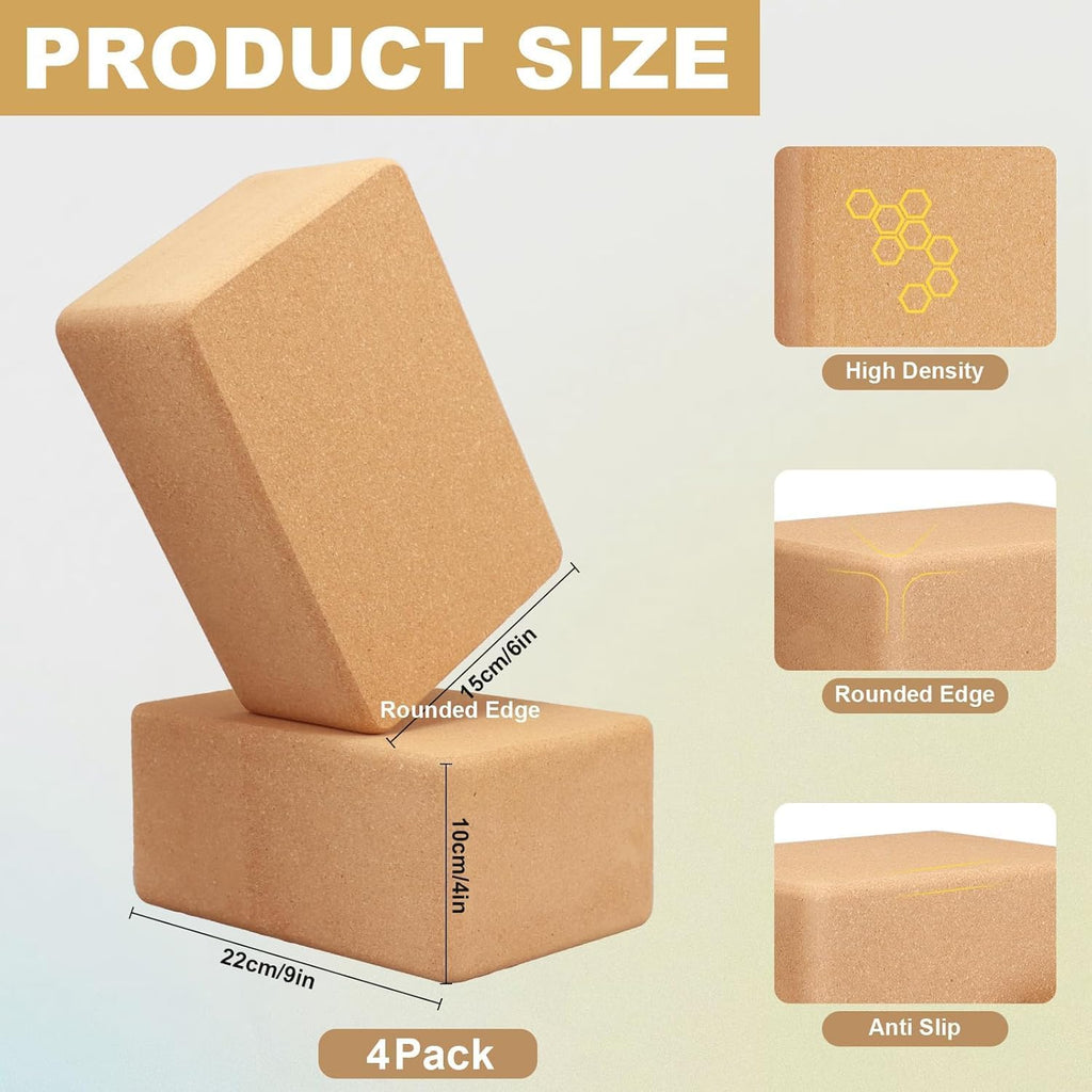 4 Pack Natural Cork Non-Slip Yoga Blocks